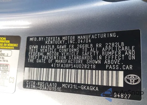 2004 Toyota Camry Solara Sle z USA, uszkodzony, nr VIN 4T1FA38P54U028218